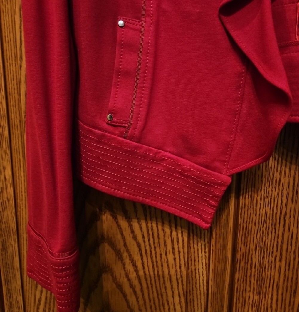 Sz 14 Raspberry Red Ruffled Open-Front Jacket - Picture 2 of 6